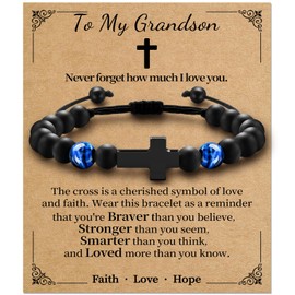 Alissl Cross Bracelet for Boys Adjustable, Blue Tiger Eye Bracelet Natural Stone Brings Happiness, Christmas Christian Baptism Birthday Gifts for Son Grandson Easter Gifts for Teens(To My Grandson)