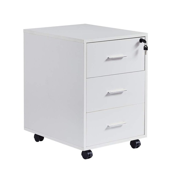HomeSailing Office White Unit Storage Cabinet 3 Drawers with Lock Wood Mobile Under Desk Pedestal Side File Document Organize Drawers Cabinet with Wheels Small Space