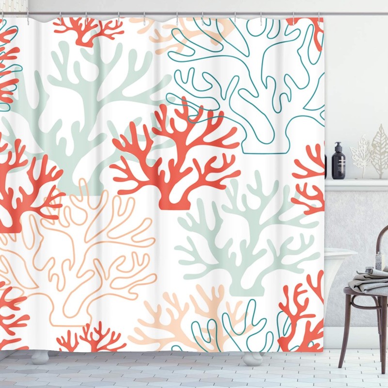 TOMPOP Shower Curtain Pattern Red Pink and Mint Corals Tropical