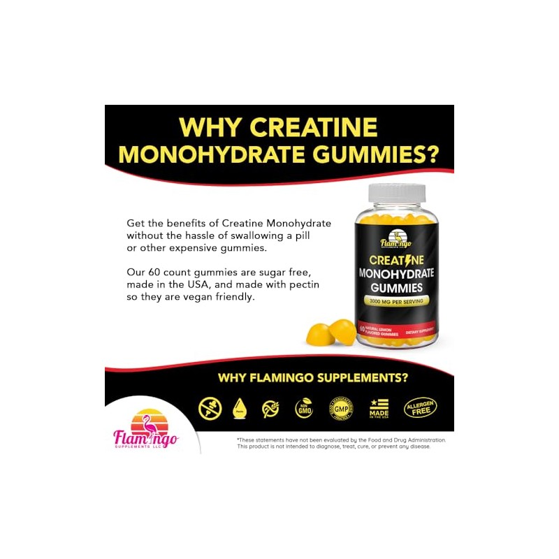Flamingo Supplements Suplemento gomoso de creatina masticables preentrenamiento con monohidrato
