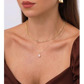 Hothrty Gold Necklace Set 14K Double Layered Choker Dainty Paperclip Necklace Cubic Zirconia Pendant Trendy Jewelry for Woman