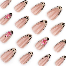 Leopard French Press on Nails Medium Almond Fake Nails Pink Flower Nail Press ons with Gold Pearls Design Reusable Acrylic Nails Glossy Full Cover Glue on Nail Stick on Nails for Women Manicure 24 Pcs