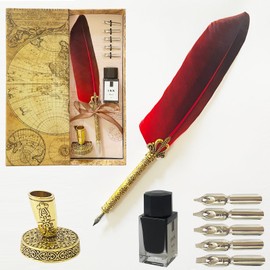 MINGYUESKY Antique Feather Pen and Ink Set - Red Feather Quill Pen for Calligraphy Practice, Drawing & Signatures - Designed for Beginners and Calligraphy Enthusiasts (Red)