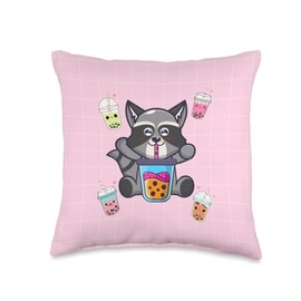 Japanese Aesthetic Clothes And Kawaii Animal Stuff Kawaii Raccoon Bubble Boba Milk Tea Japanese Aesthetic Throw Pillow, 16x16, Multicolor