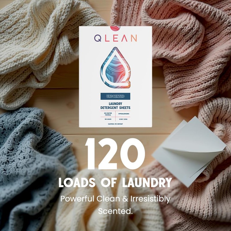 QLEAN Laundry Detergent Sheets (120 Loads) – Plastic-Free Packaging, Travel-Friendly,