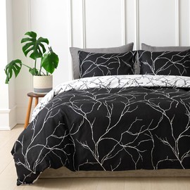 Lekesky Reversible Duvet Cover King Size, Black White Branch Comforter Cover King 3pcs Microfiber Botanical Bedding Set with Zipper Closure Corner Ties
