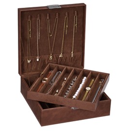 BEWISHOME Necklace Organizer Box Necklace Storage Organizer for Chains, Bracelets - 12 Compartments (7 regular + 5 large), 6 Hooks, 2 Layers - Jewelry Box for Women Men Girls, Brown SSH31Z