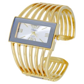 Blekon Collections Ladies Fashion Watch - Rectangular Analog Quartz Sturdy Stylish Wrist Watch Semi Cuff Bangle Watch, Silver/Gold, Modern