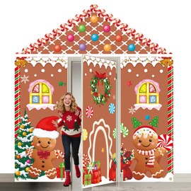 4PCS Christmas Gingerbread Door Cover Decorations,Large Gingerbread House Decor Backdrop,Xmas Front Door Hanging Banners Porch Sign Kit for Merry Chrictmas Holiday Party Home Outdoor Classroom Office