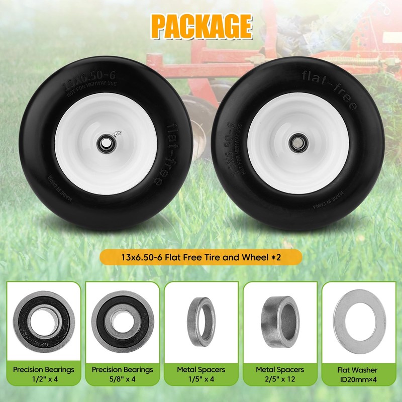 2PCS 13x6.50-6 Flat Free Tire and Wheel with 1/2" &