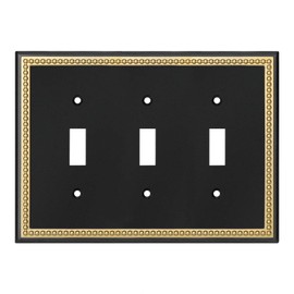 Pearled Frame Decorative Wall Plate Switch Plate Outlet Cover (Triple Toggle, Black & Dark Golden)
