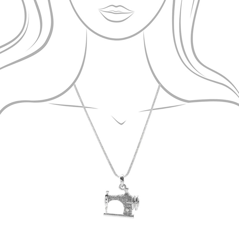 Spinningdaisy Silver Plated Crystal Sewing Machine Necklace