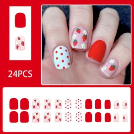 24Pcs Short Press on Nails Red Square Fake Nails Cute Matte False Nails with Flower Strawberry Designs Red Dots Stick on Acrylic Nails Full Cover Reusable Artificial Nails for Women Girls