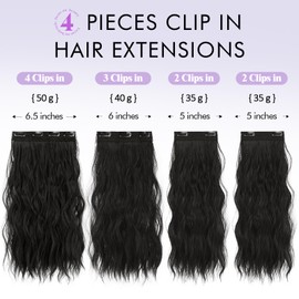 Sofeiyan Clip-In Extensions, 4 Pieces, 40 cm Hair Extensions for Women, Curly Thick Synthetic Hair Extensions for Clip-In, Natural Soft Clip-In Hairpiece - Natural Black