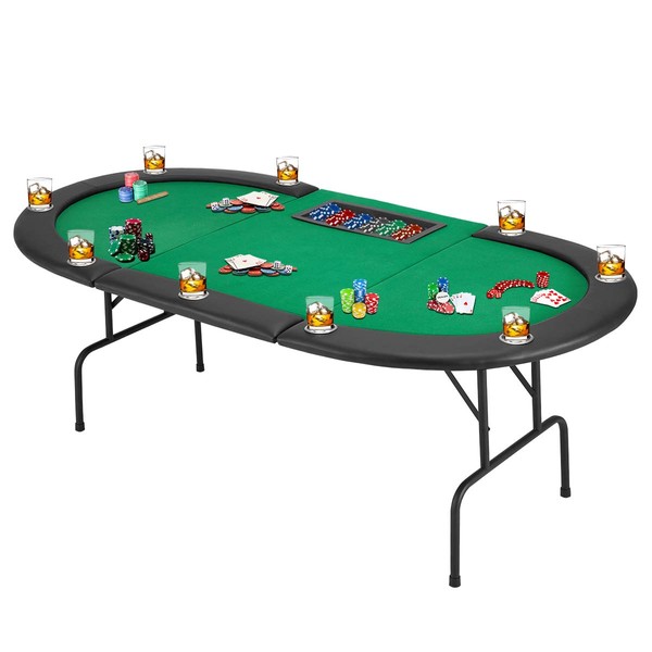 ECOTOUGE Poker Table w/Stainless Steel Cup Holder for 9 Player w/Leg, Casino Leisure Table Top Texas Hold 'Em Poker Play Table, Green Felt