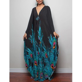Bsubseach Women's Ethnic Print Kaftan Beach Dress Plus Size Beach Dress, F Peacock Print