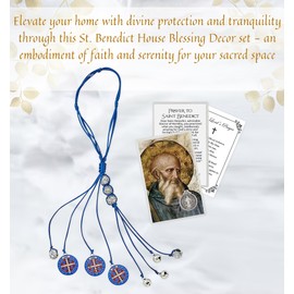 St Benedict House Blessing Decor - Laminated St Benedict Prayer Card | Blue San Benito Catholic Door Hanger with Mini Bells | Bendiciones para El Hogar, St Benedict Home Blessing