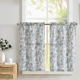 TOPICK Floral Kitchen Curtains 36 Inch Drop Linen Kitchen Curtains Translucent Short Cafe Curtains Botanic Print Small Window Curtains Rod Pocket Rustic for Laundry Room Bathroom 2 Panels Blue