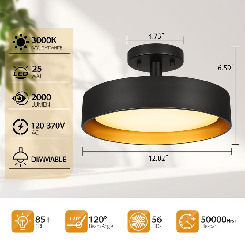 SunRider Semi Flush Mount LED Ceiling Light Fixture, 12-inch 25W