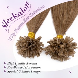 SLEEKALON U Tip Hair Extensions - Real Human Hair Pre-Bonded Keratin Hot Fusion Extensions - Light Brown Remy Straight Silky Hair, 16 Inch 100 Strands 50g #06