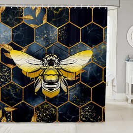 Feelyou Honey Bee Bathroom Waterproof Accessories with Hooks Geometric Honeycomb Marble Shower Curtain for Kids Boys Girls Wild Animals Leaves Fabric Shower Curtains Dark Golden Decor,72x72 Inches