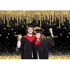 Felortte 12x8FT Polyester Fabric Gold and Black Graduation Photography Backdrop Congratulations Congrats Grad Background for Class of 2025 Graduation Prom Party Decoration Banner Picture Photo Studio