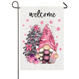 Pink Gnome Garden Flag 12x18 Inch Double Sided for Outside Christmas Tree Pink Stars Bow Ties Gift Boxes Champagne Bottle Glass New Year Gnome Yard Flag Outdoor Holiday Valentine Day Decorations