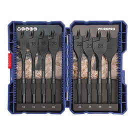 WORKPRO Spade Drill Bits Set Wood 8PC, Flat Wood Drill Bit, 1/4 Inch Quick Change Hex Shank, 12mm/ 16mm/ 18mm/ 20mm/ 22mm/ 25mm/ 28mm/ 32mm, Storage Case