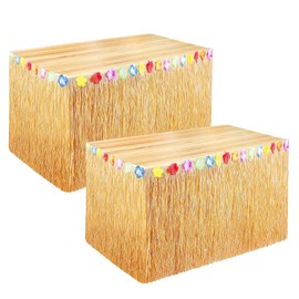 SALADOCY Pack of 2 Hawaii Table Skirts, Luau Grass Table Skirt, Hawaiian Party Decorations, with Multicoloured Flowers, Summer Tropical Garden Beach Party Hawaii Bar BBQ Decoration