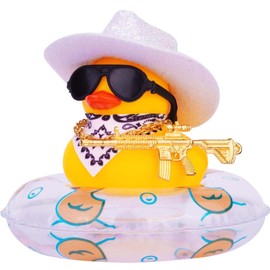MuMyer Rubber Duck for Car Dashboard, Cowboy Duck Car Dashboard Decoration Car Duck Ornament Accessories with Mini Swim Ring Glitter Cowboy Hat Scarf Necklace and Sunglasses(B-G5)