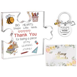 IETWATE 3PCS Thank You Gift, Paperweight Acrylic Block Puzzle Teacher Gifts for Women and Men, Heartwarming Thank You Teacher Gifts, Nursery Teacher Gifts with Bee Keyring and Cards