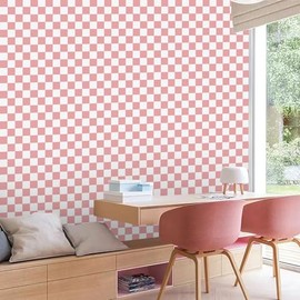 CAX Checkerboard Peel and Stick Wallpaper 17.3"x80" Pink and White Contact Paper Self-Adhesive Removable Vinyl Roll Waterproof Checkered Wallpaper for Bathroom Cabinets Shelf