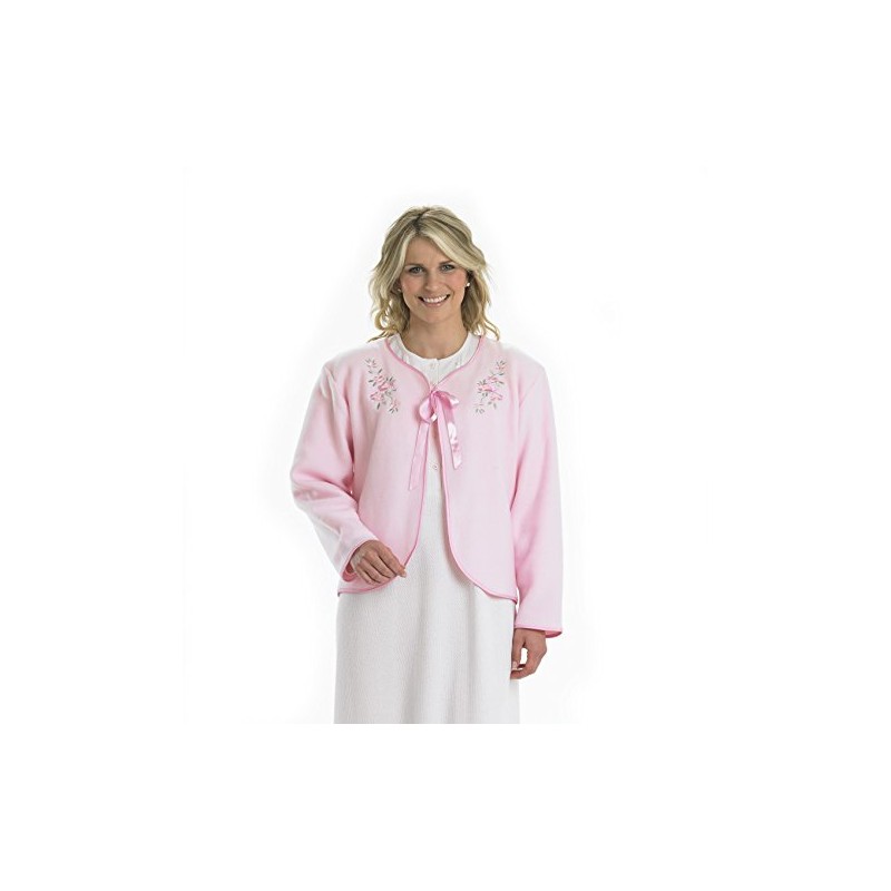 Slenderella Ladies Polar Fleece Ribbon Tie Bed Jacket Floral Embroidered