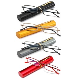 OWTXIS Slim Pen Reading Glasses for Men Women, Blue Light Blocking 4 Pack Small Tube Reader Glasses with Portable Clip Case, +1.25
