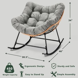 Halituny Outdoor Rocking Chair with Thick Cushion, Comfy Rattan Rocker Egg Chair Indoor with Straps, Patio Rocking Chair 450lbs for Garden, Balcony, Lawn, Backyard, Living Room, Bedroom, Light Gray