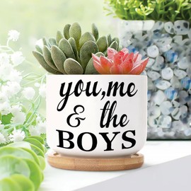 DecStic You Me & The Boys Ceramic Planters Bible Verse Planters for Outdoor Plants with Drainage Holes and Saucers Pot for Home Office Desk Garden