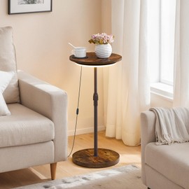 MAHANCRIS Set of 2 Round Drink Table, Small Side End Table, Adjustable-Height Martini Table with LED Light and Cup Mat for Small Spaces in Living Room, Bedroom, Sofa Couch, Rustic Brown and Black