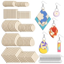 HAPY SHOP 300 Pieces Unfinished Wooden Earrings Teardrop/Circle/Leaf/Diamond/Rectangle Shapes Wood Earring Blanks 100 Pieces Earring Hooks and 100 Pieces Jump Rings