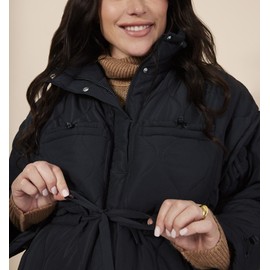 Motherhood Maternity Women's Quilted Pregnancy Long Puffer Jacket, X-Large Black