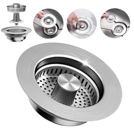 3-in-1 Kitchen Sink Drain Strainer Stopper – 304 Stainless Steel Pop Up Sink Plug with Filter Basket, Anti-Clog Design, Fits 3-1/2” US Standard Kitchen Sink Drains