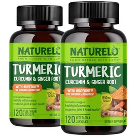 NATURELO Curcumina de cúrcuma orgánica – BioPerina para una mejor absorción – Curcuminoides, pimienta negra, polvo de jengibre – Alivio natural para a