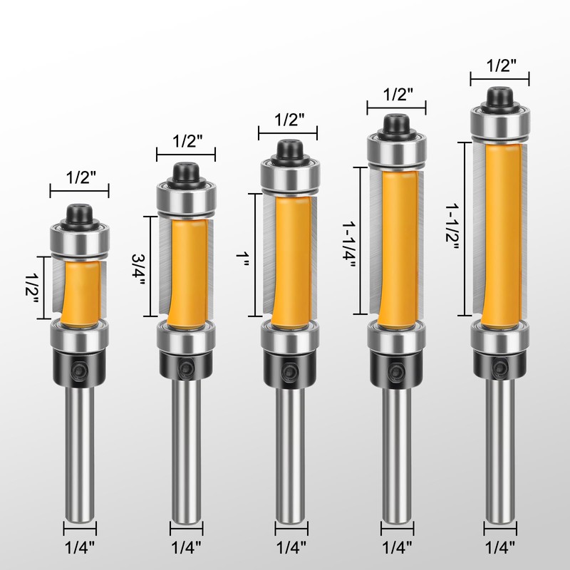 SUNJOYCO 5PCS Pattern Flush Trim Router Bits, 1/4" Shank Top