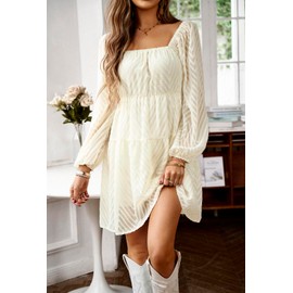 Women's Casual Long Sleeve Mini Dress 2025 Spring Summer Square Neck Ruffle Tiered Flowy Loose Babydoll Dress Beige S