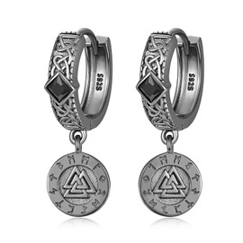Earrings for Men Sterling Silver Viking Valknut/Wolf Claw/Celtic Knot/Viking Compass/Thor Hammer/Axe Nordic Hoop Earrings Viking Hoop Earrings for Men Women, Silver, No Gemstone