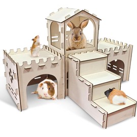 PINVNBY Extra Large Bunny Castles Hideout, Wooden Rabbit House Hide Climbing Detachable Indoor Wooden Hideaway Castle Tower Tunnel for Small Animal Rabbit Bunny Guinea Pig Hamster Chinchilla Ferret