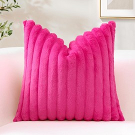 OTOSTAR Hot Pink Faux Rabbit Fur Decorative Throw Pillow Cover 20x20 Inch Soft Cozy Plush Striped Pillowcase Velvet Cushion Cover for Sofa Couch Bed Living Room