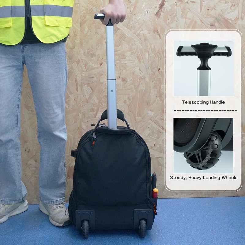 MELOTOUGH Wheeled Rolling Tool Bag Heavy Duty Tool Backpack with