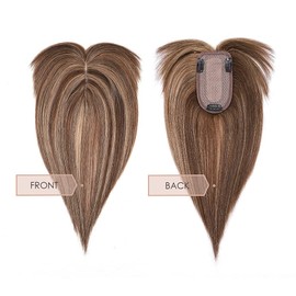 MY-LADY Hair Topper for Women Human Hair for Thinning Hair 7 * 13CM Silk Base 150% Density Real Remy Hair with Bangs Clip in Hair Pieces Straight Hairpiece 8 Inch Medium Brown & Dark Blonde