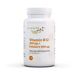 Vita World Vitamin B12 500 µg + Folic Acid 800 µg 180 Tablets Vegan/Vegetarian Made in Germany