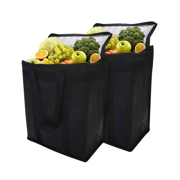 Set of 2 Insulated Cooler Bag,Reusable Grocery Shopping Bag with Dual Zipper Closure Keep Food Hot or Cold,Ideal for Catering,Grocery Transport,30X16X35CM(Black Color)